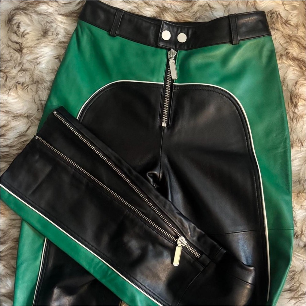 Custom Two-Tone Lamb Leather Moto Pants – Green/Black – Size ~S